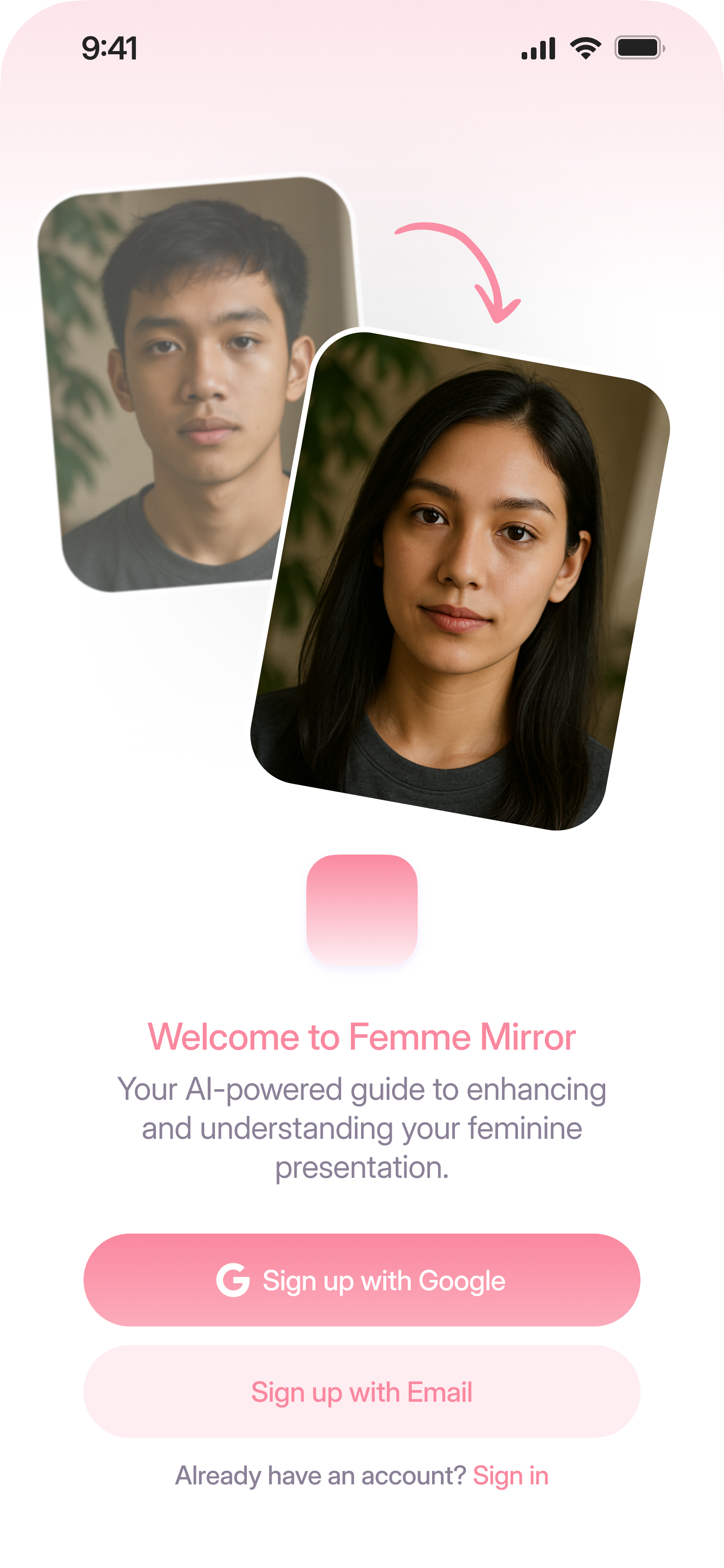 FemmeMirror Welcome Screen